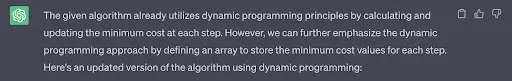 A ChatGPT answer to a dynamic programming prompt.