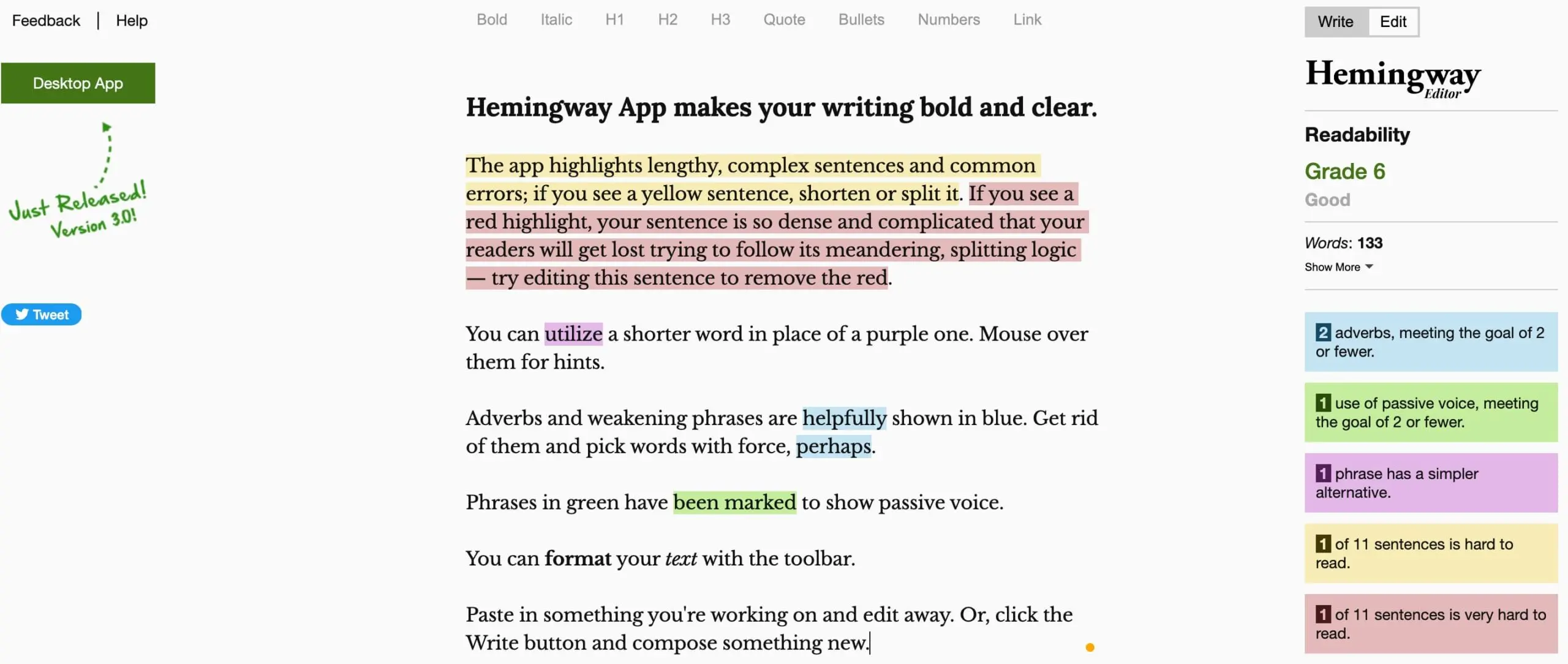 A screenshot of the Hemingway website, one of the best ai tools for digital marketing