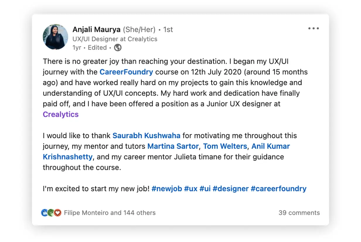 A LinkedIn post from Anjali about her career change from HR and landing her first job in UX design