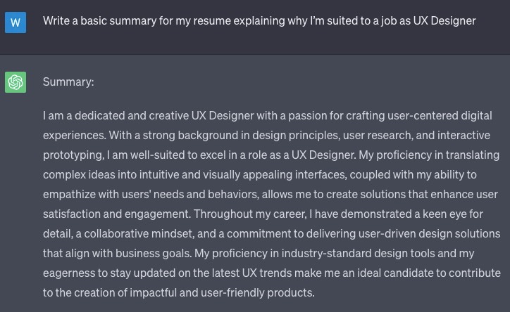 A screenshot of ChatGPT resume writing