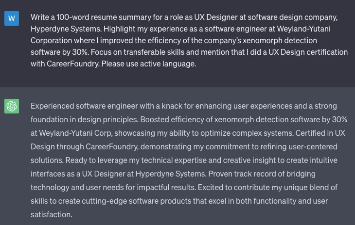 A screenshot of ChatGPT resume writing