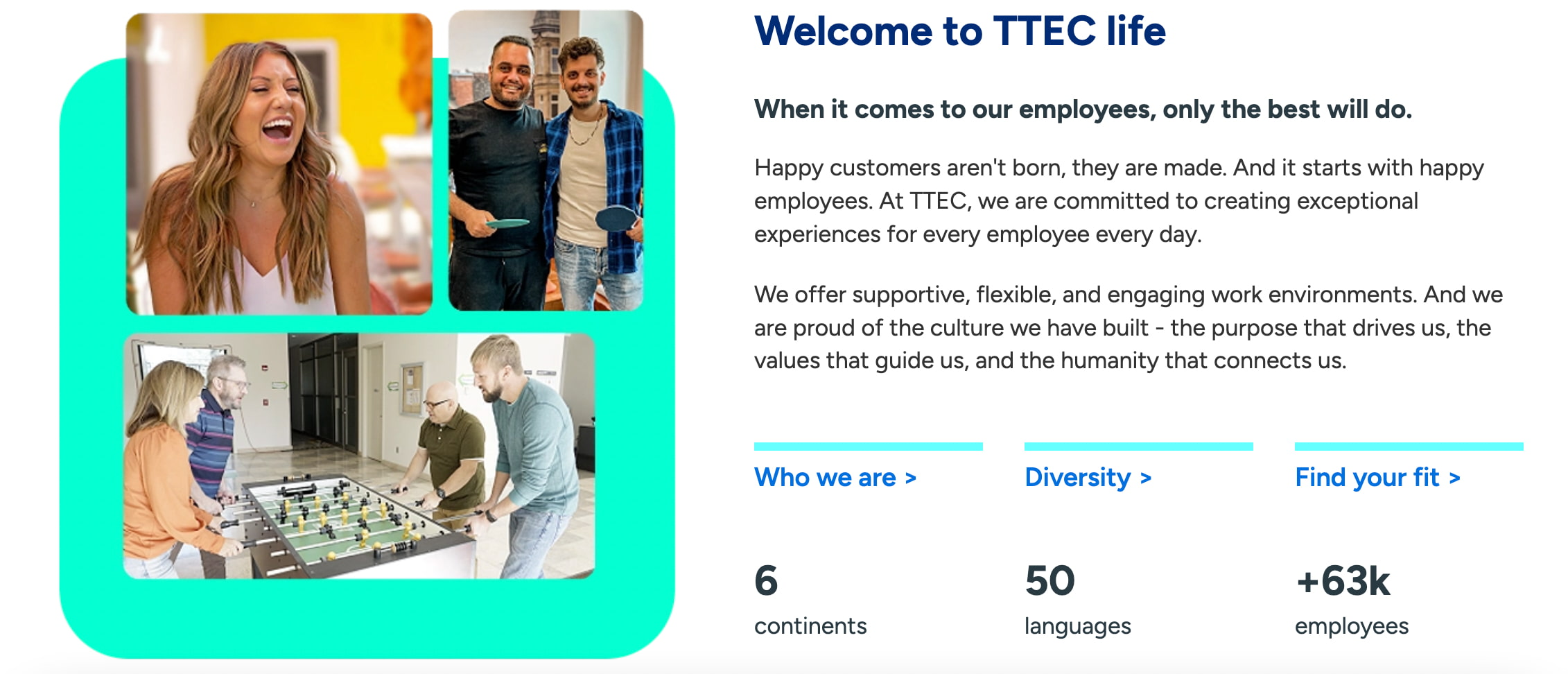 A screenshot of TTEC’s website, one of the best remote companies to work for