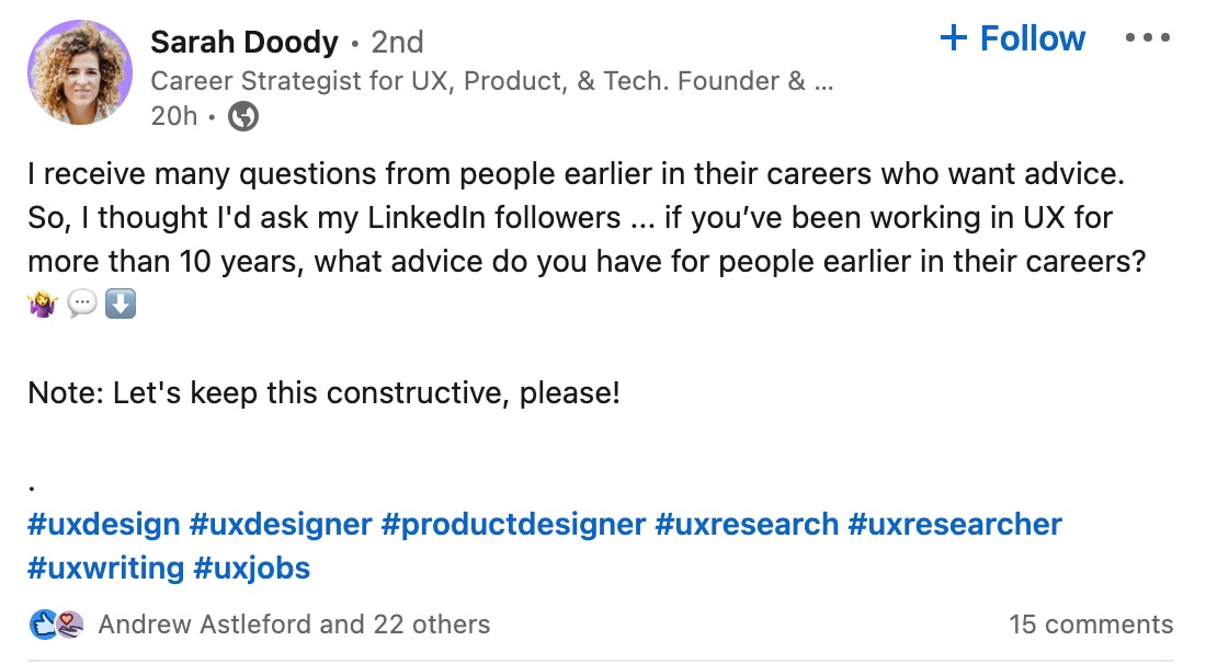 A screenshot of UX design expert Sarah Doody's social media