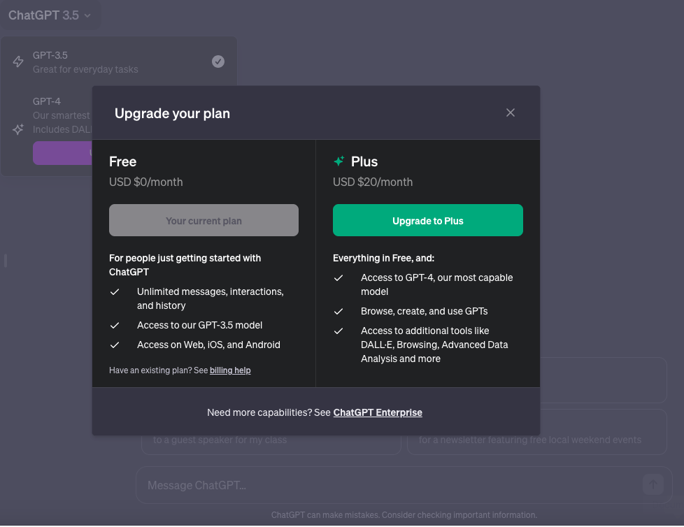 Screenshot comparing the free and paid features of ChatGPT.