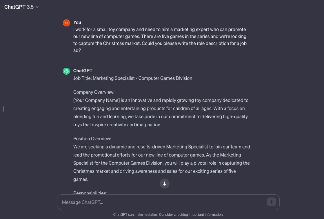 Screenshot of ChatGPT being prompted to write a job description.