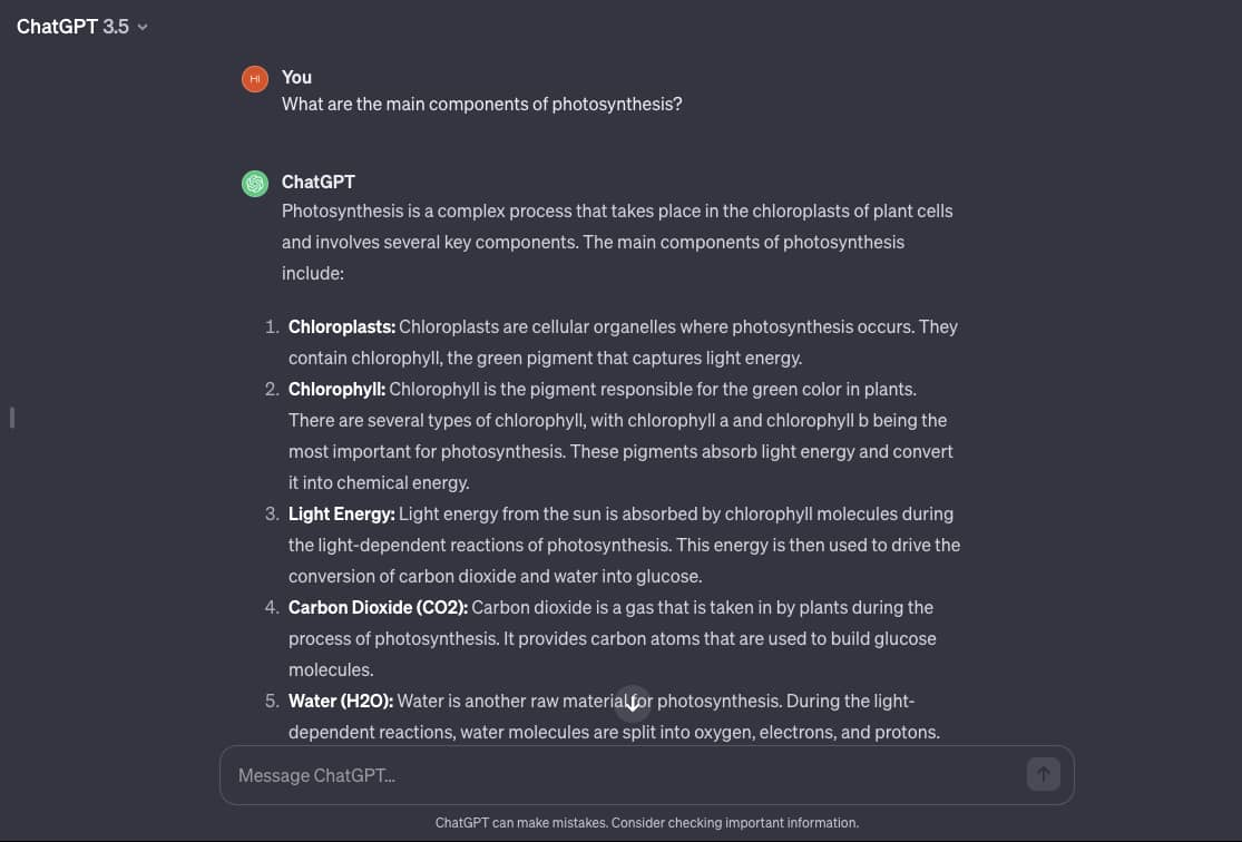 Screenshot of asking ChatGPT to describe steps in photosynthesis.