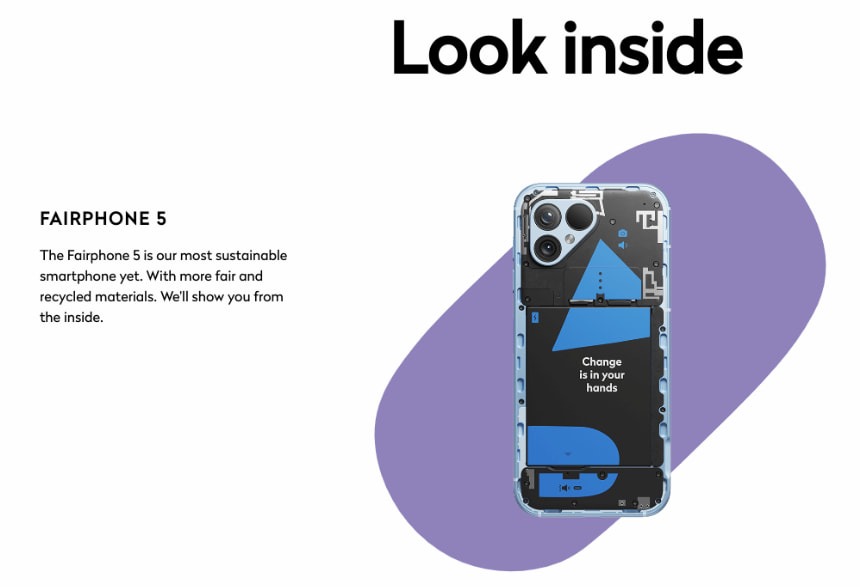 Screenshot of Fairphone's website showing the inner contents of the phone.