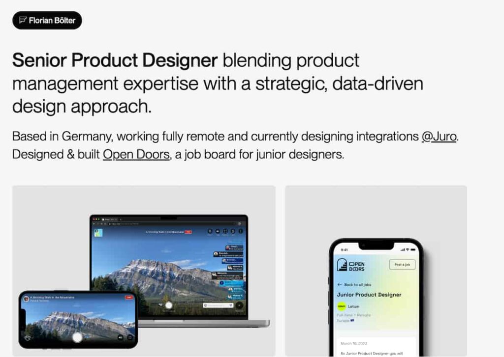A screenshot from Florian Bolter's product design portfolio page.