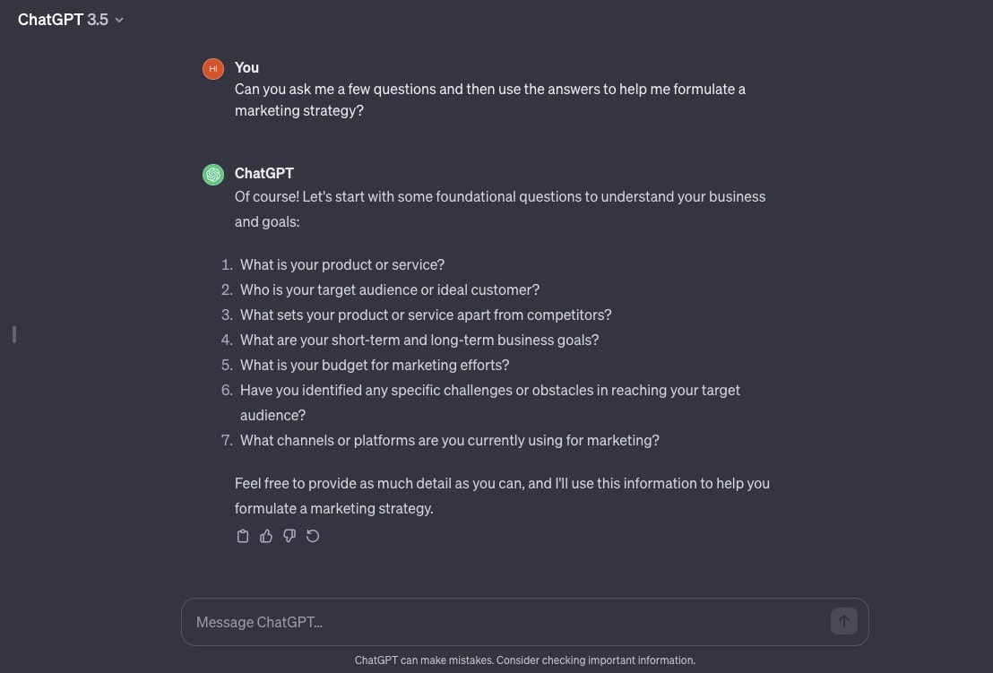 Screenshot of asking ChatGPT to ask the user questions about formulating a marketing strategy.