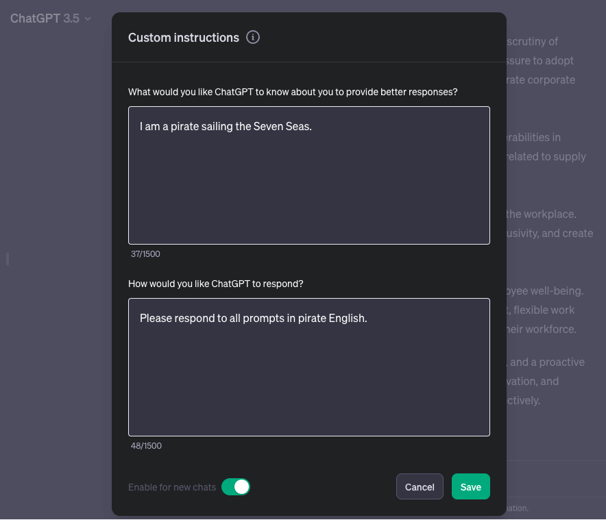 Screenshot of ChatGPT custom instructions settings, with a request to return all responses in pirate English.