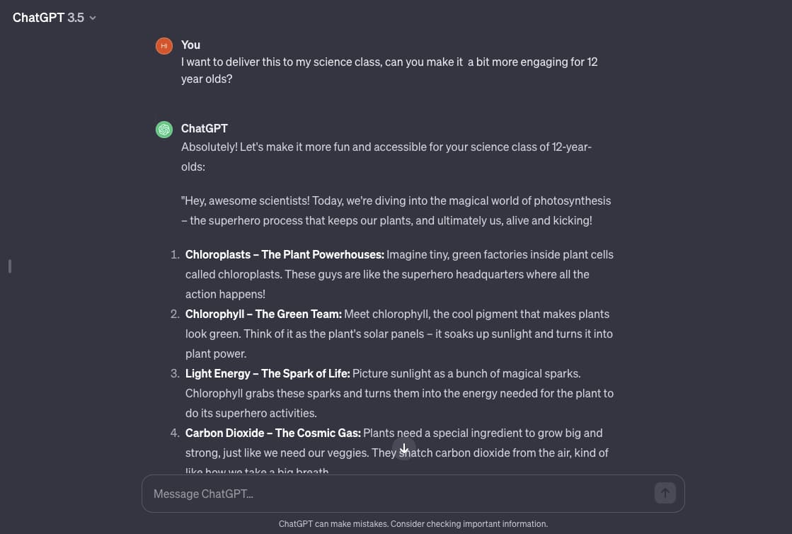 Screengrab of refined answer showing a more engaging response about steps of photosynthesis, suitable for a class.