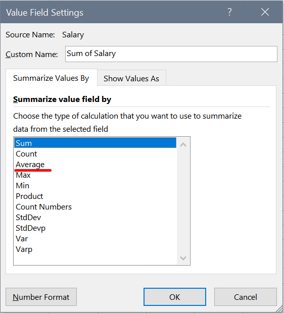 The "value field settings" window in MS Excel, used to format a pivot table