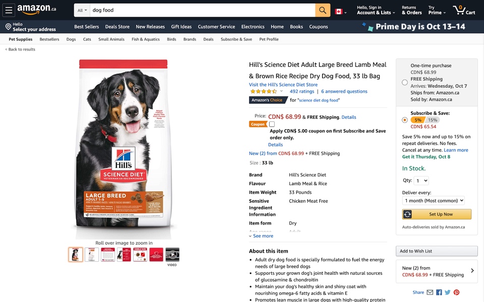 Screenshot of Amazon (Canada) offering a subscription option for dog food