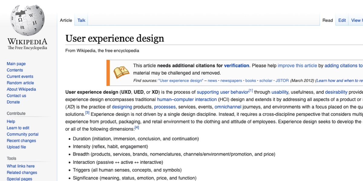 Screenshot of the UX Design page on Wikipedia