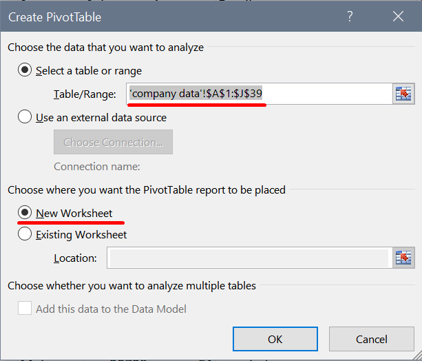 A Microsoft Excel window showing which options to select when inserting a new pivot table