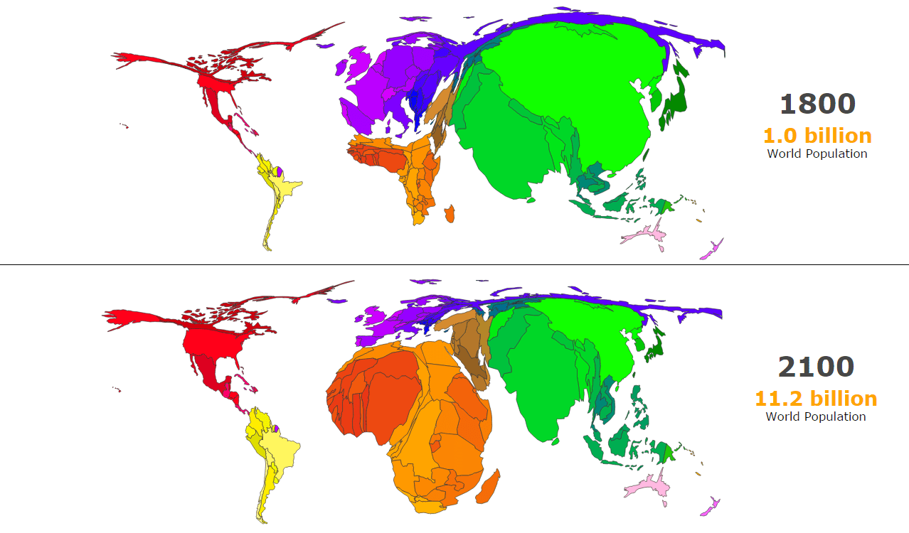 A cartogram showing world population change between 1800 and 2100