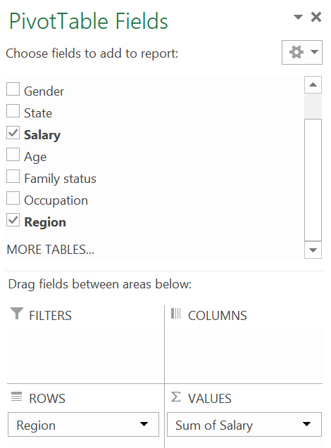 A screen grab of the "Pivot table fields" window in MS Excel, with "salary" and "region" selected