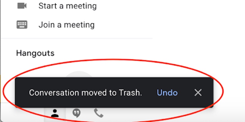 Screenshot of a Gmail notification serving as feedback to confirm message was deleted