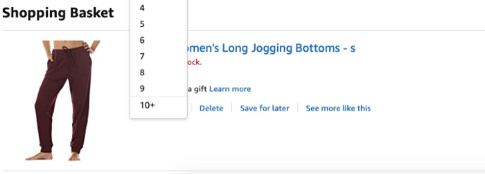 Screenshot from Amazon shopping cart showing dropdown menu for quantity correction