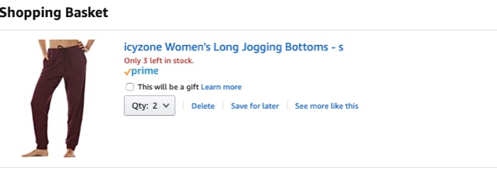 Screenshot from Amazon shopping cart showing two pairs of jogging pants in the cart
