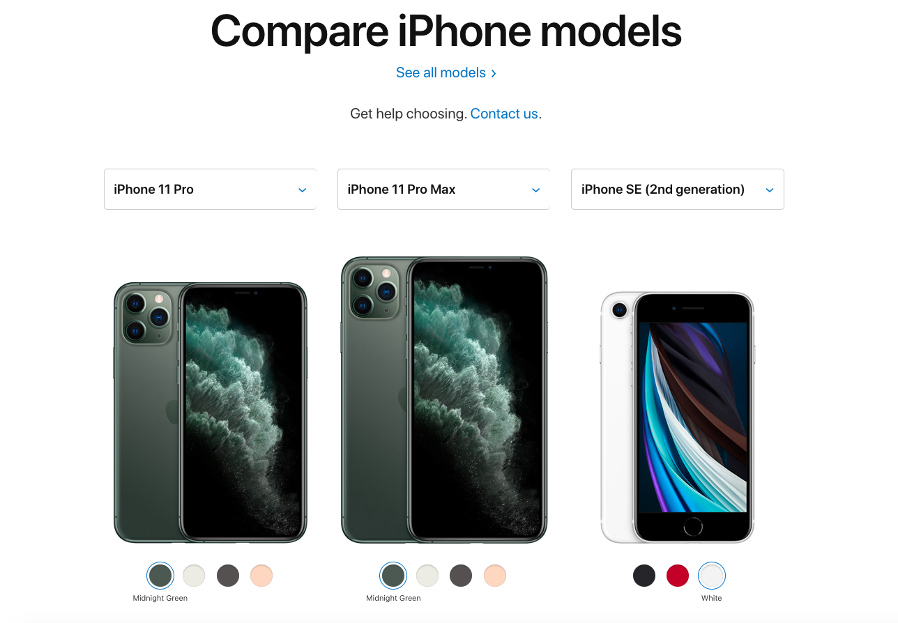 Screenshot of Apple's "compare phone models" page, featuring three phone selections with color options