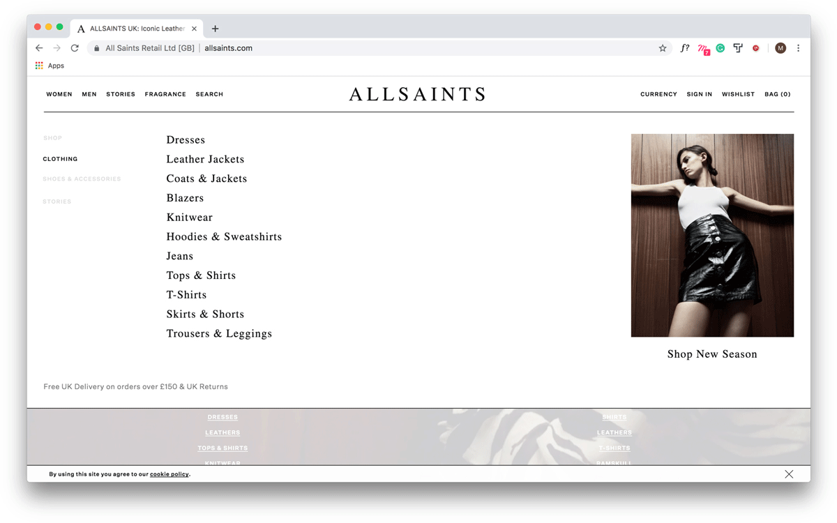 Another screen capture of the All Saints website, this time with fewer drop-down menu options