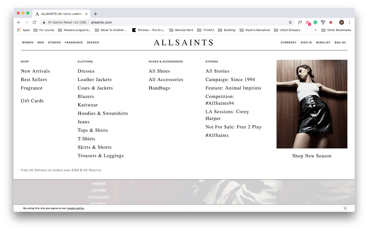 An example of a psychology principle at work on the All Saints website, with lots of drop-down menu options