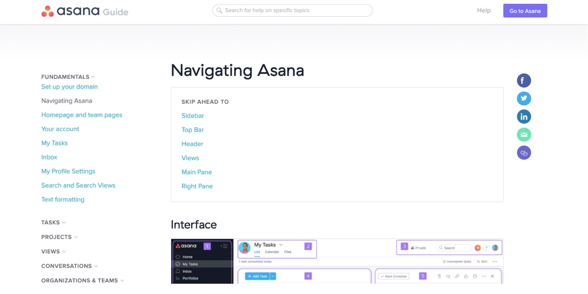 Screenshot of the main Asana Guide page