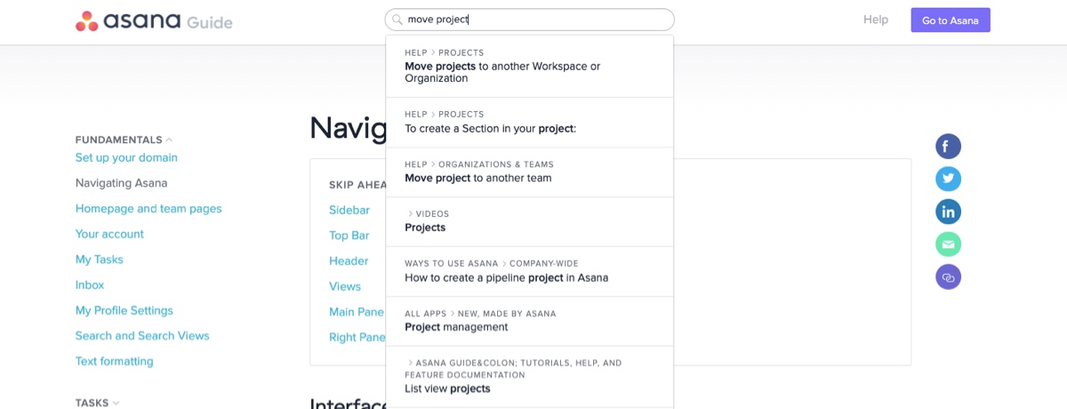 Screenshot of Asana Guide homepage with "move project" typed into the search bar and a drop down selection menu of popular options based on that query