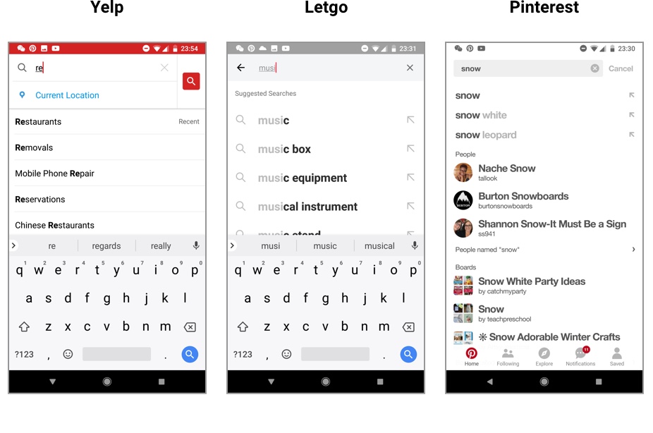 Screenshots of the Yelp, Let and Pinterest app user interfaces