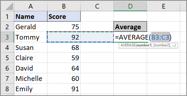 A simple Excel spreadsheet containing data for student names and test scores. In this example, the AVERAGE function has been entered and has guessed, incorrectly, which cells to use.