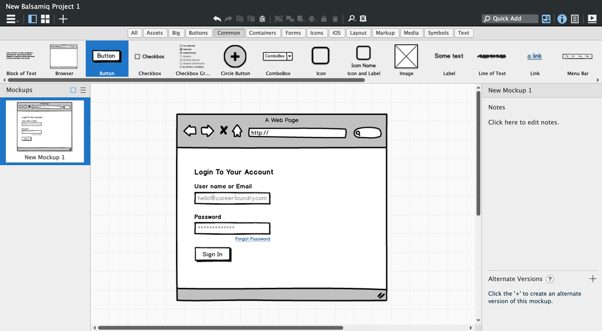 Low-fidelity wireframe of a website interface on Balsamiq