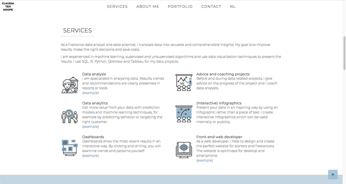A screen grab from Claudia ten Hoope's data analytics portfolio, listing her services