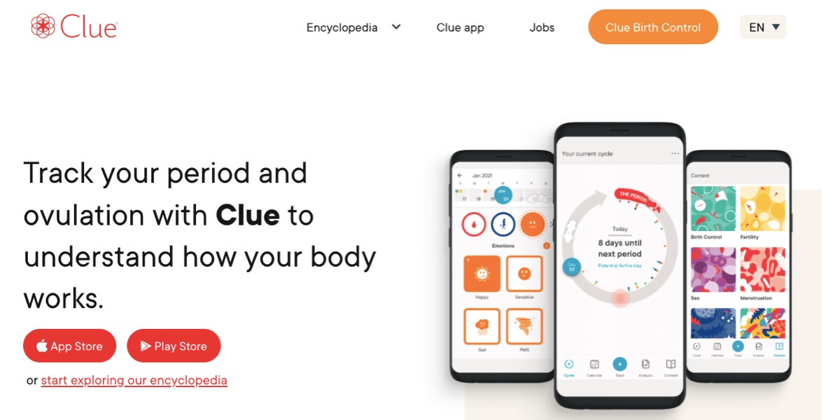 Screengrab of the Clue homepage, featuring images of the app on three phone screens