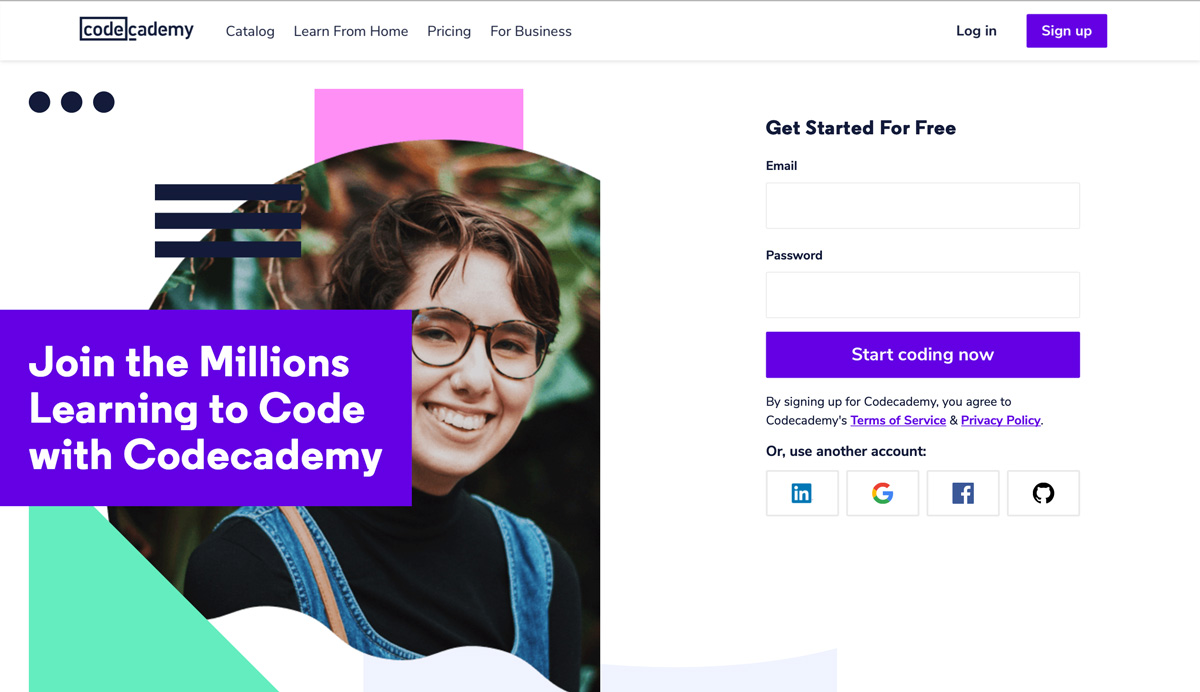 Code academy homepage for aspiring web developers