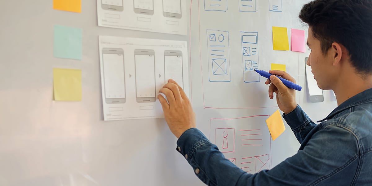 UX设计师使用UX设计过程同时向白板传送纸线框