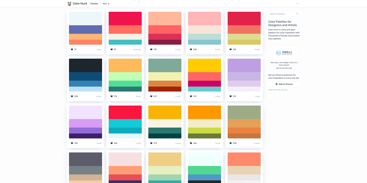 A selection of color palettes from the Color Hunt website