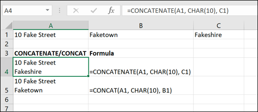 A screen grab from Excel, showing how to handle line breaks with the CONCATENATE function