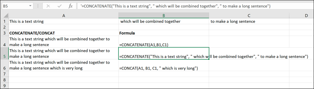 A screen grab from Excel demonstrating how to combine text strings using the CONCATENATE formula