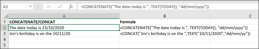A screen grab from Excel, showing how to use CONCATENATE to make sure dates are displayed correctly
