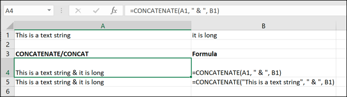 A screen grab from Excel showing how to use the CONCATENATE formula with special characters