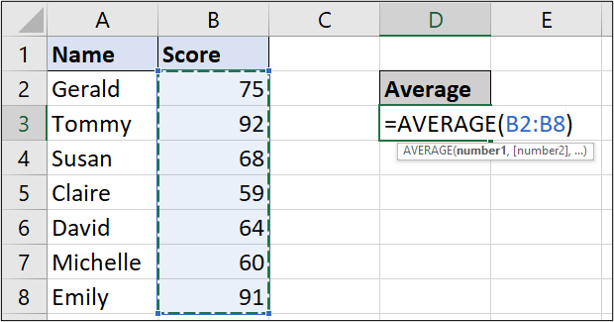 A simple Excel spreadsheet containing data for student names and test scores. In this example, the AVERAGE function has been entered and the relevant cells selected.