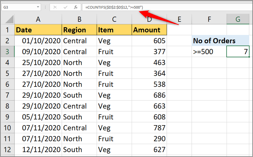 An Excel worksheet containing data on various food items, what region they come from, and how many of each item there are. In this example, the COUNTIFS function is used with a numerical value as its criteria.