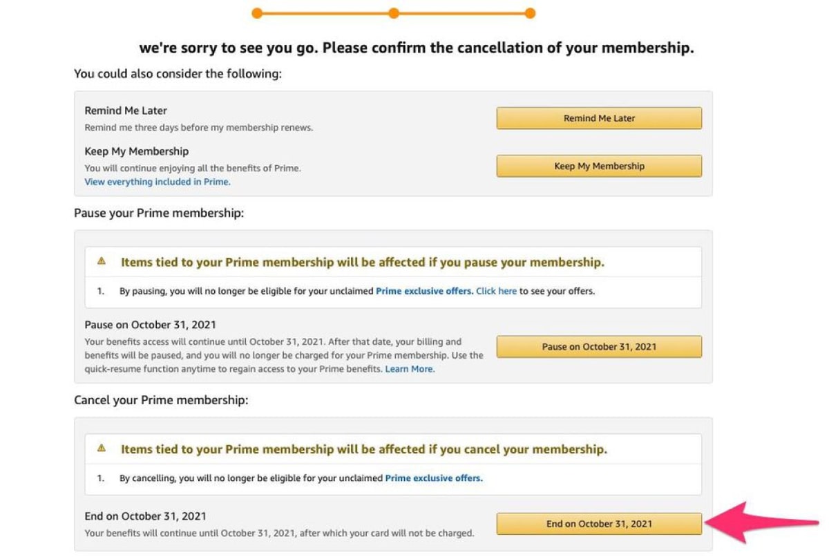 Screenshot of an Amazon Prime workflow to cancel an account
