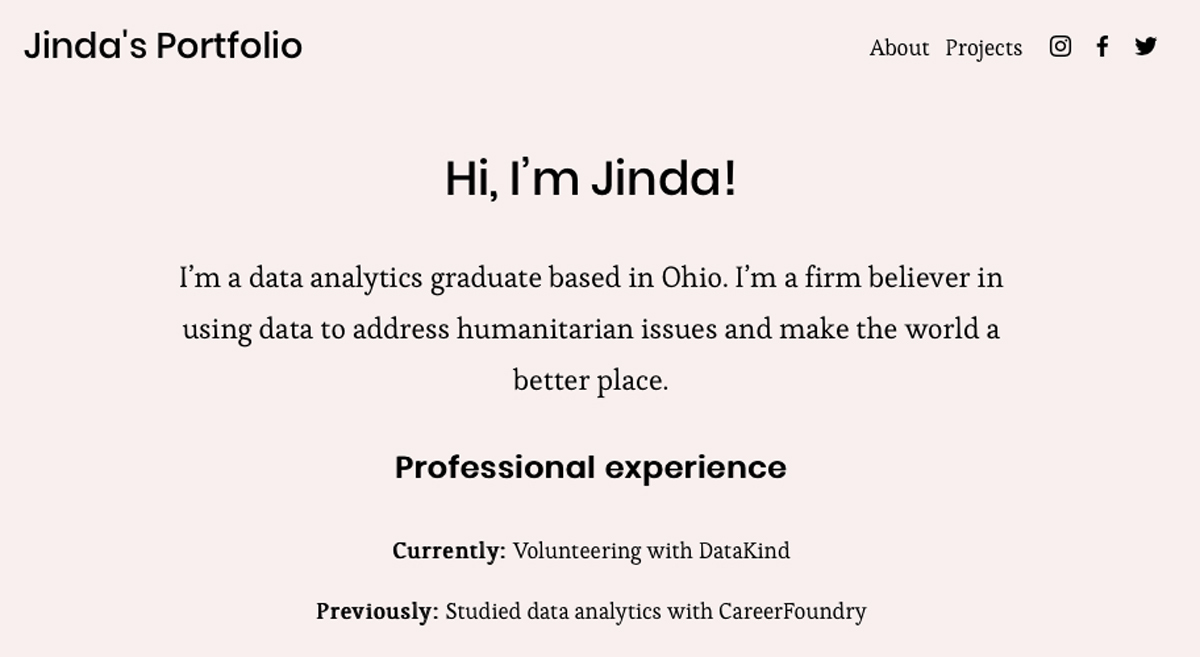 An example opening statement for a data analyst portfolio homepage