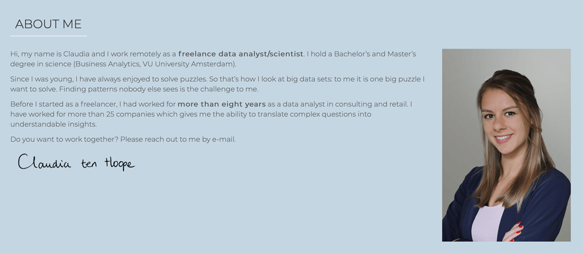 The "About Me" section of data analyst Claudia ten Hoope's portfolio website