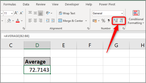 A simple spreadsheet showing the average of exam scores shown to four decimal places. The two decimal buttons in the Excel toolbar ribbon are highlighted with a red arrow.