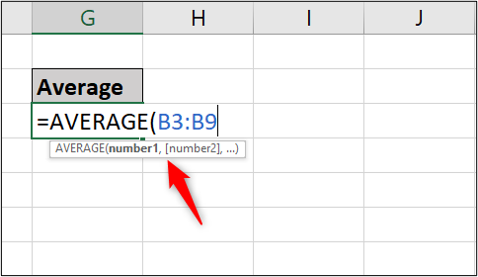 In an Excel worksheet, the average function has been typed into a cell with a comma to denote two separate ranges
