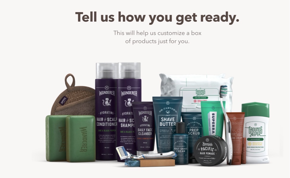 Dollar shave image of shaving products with text: "Tell us how you get ready. This will help us customize a box of products just for you."