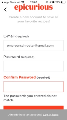 Screenshot from Epicurious onboarding showing password entry error.